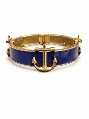 Gold Tone Blue Enamel Anchor Stretch Hinge Nautical Bracelet
